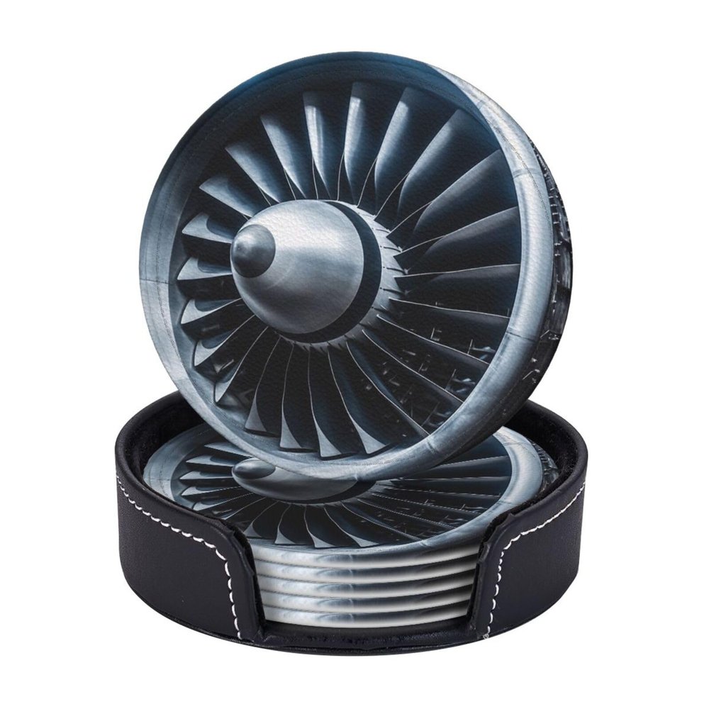 6 Pcs Jet Engine Drink Coasters with Holder Leather Coaster Coffee Cup Pad Drinking Cup Mat Set Coffee Table Drinks Coasters for Modern Home Decor,4 Inches