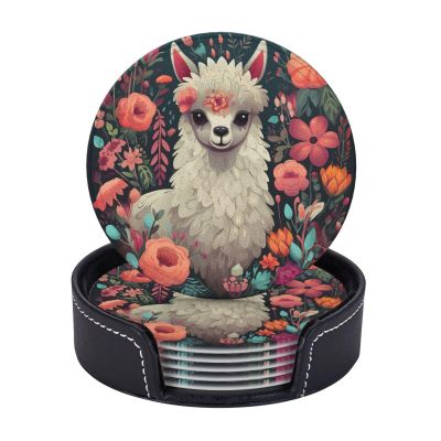 6 Pcs Cute Llama Floral Drink Coasters with Holder Leather Coaster Coffee Cup Pad Drinking Cup Mat Set Coffee Table Drinks Coasters for Modern Home Decor,4 Inches