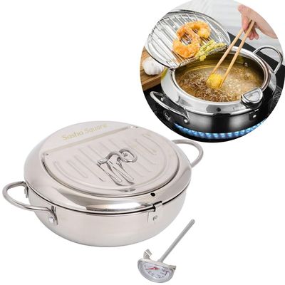 Sasha Square Deep Fryer Pot 11"/4.4QT - 4.2L Extra Large Stainless Steel 304 Japanese Tempura Frying Pot With Lid & Thermometer (9.4"/3.3QT -3.2L Large)