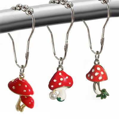 Mushroom Shower Curtain Hooks, Cottagecore Shower Curtain Hook Rings Cute Mushroom Bathroom Decor Boho Retro Decorative Shower Curtain Hooks, Resin Metal Shower Hooks for Forest Thrmed Bathroom