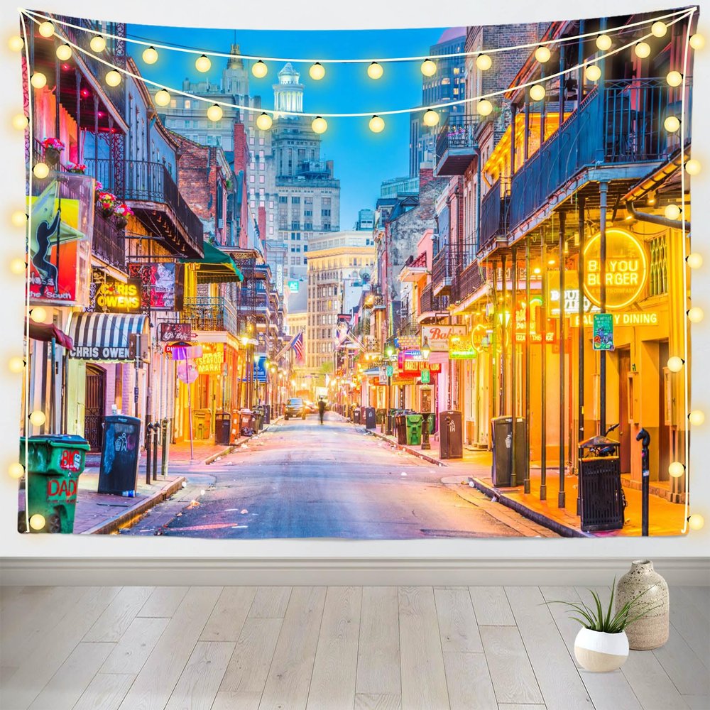 Loccor 60''x50'' New Orleans Bourbon Street Tapestry Wall Hanging Mardi Gras New Orleans Nightlife Street Pubs and Bars with Neon Lights Background for Party Birthday Decorations Adults Bedroom Decor