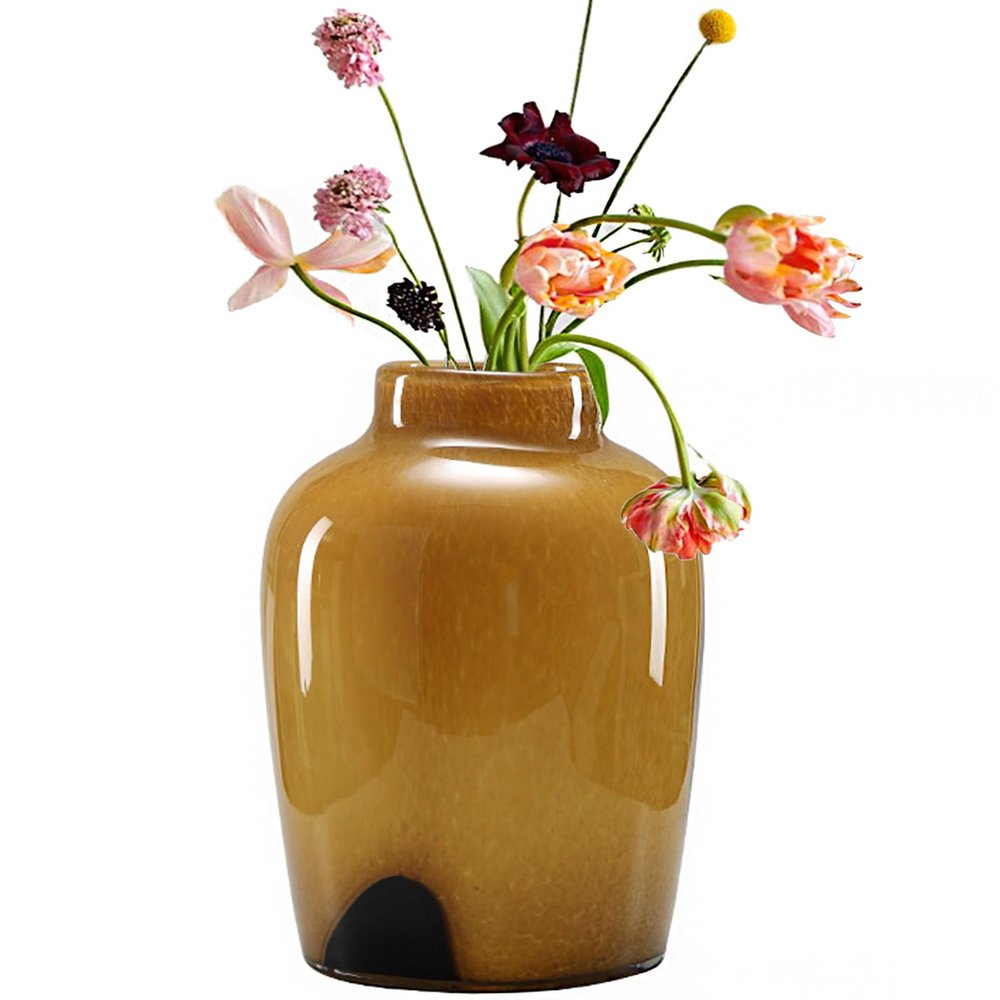 Amber Glass Vase Modern Flower Centerpiece, Hydroponic Planter, Cylindrical Spot Bottle Collectible Great Gift Crafts Desktop Decorations for Indoor Office Bookshelf, Wedding Gifts