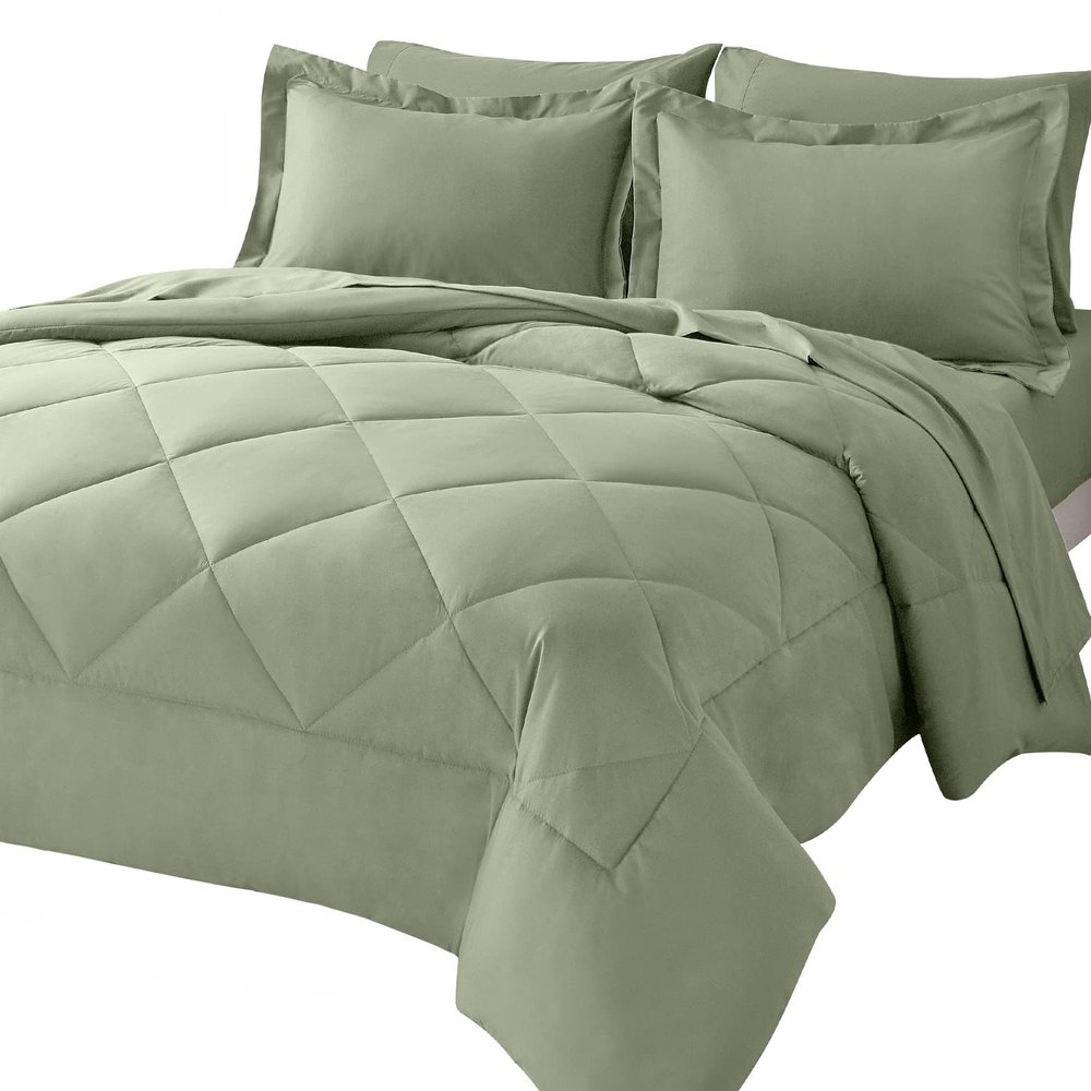 WegaLinen Sage Green Bed in a Bag 7 Pieces All Season Bedding Sets with Super King Comforter,Flat Sheet, Fitted Sheet 14 Inch and Pillowcases