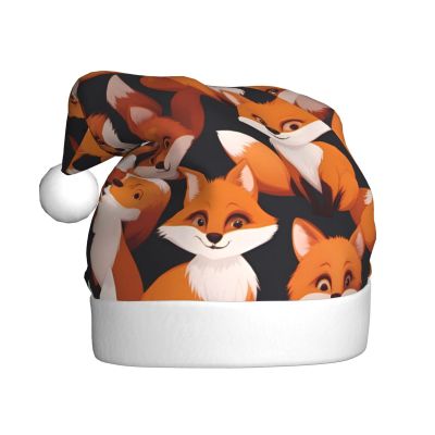 ViLLeX Christmas Hat Plush Santa Hats Classic Style Xmas Santa Hat For Adults Unisex Lots Of Cartoon Little Foxes Prints