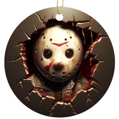 3D Break Through Scary Horror Villain Hockey Mask Christmas Ornament - Christmas Oranment - Xmas Tree Decoration - Fun 2023 Christmas Ornament - 3" Round PVC Ornament - Printed in USA AAO209