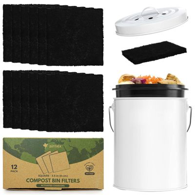AIRNEX Charcoal Filters for Compost Bucket 3.5 in Square - Pack of 12 Odor Blocking Compost Filters for Countertop Bin, Trash Cans & Litter Boxes - Universal Replacement Compost Bin Filter Charcoal