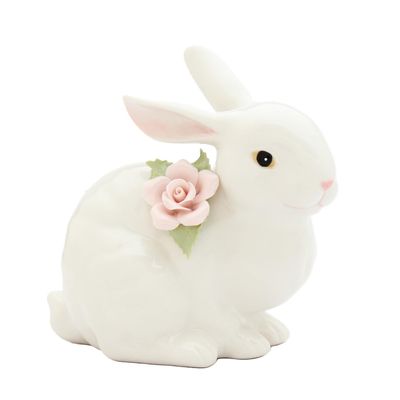 11005 Fine Porcelain Spring Easter Crouching Bunny with Pink Rose Figurine, 4-1/2" H