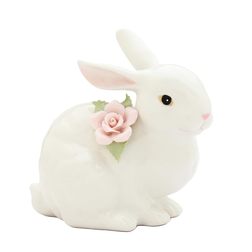 11005 Fine Porcelain Spring Easter Crouching Bunny with Pink Rose Figurine, 4-1/2" H