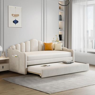 KINFFICT Twin Size Daybed with Trundle, Velvet Day Bed Frame with 2 USB Charging Ports, No Box Spring Needed, Modern Upholstered Sofa Bed with Roll-Out Trundle for Bedroom, Living Room, Guest Room