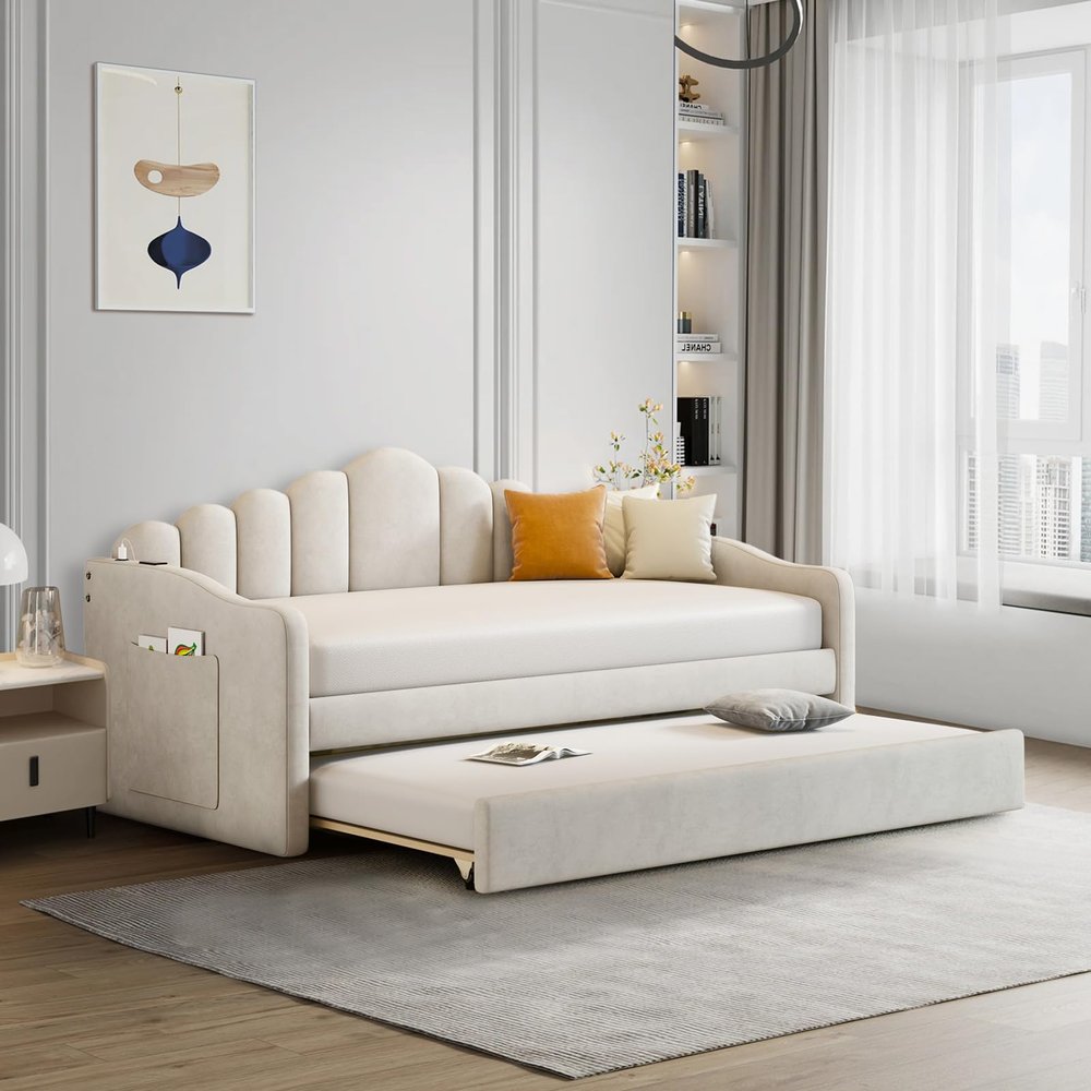 KINFFICT Twin Size Daybed with Trundle, Velvet Day Bed Frame with 2 USB Charging Ports, No Box Spring Needed, Modern Upholstered Sofa Bed with Roll-Out Trundle for Bedroom, Living Room, Guest Room