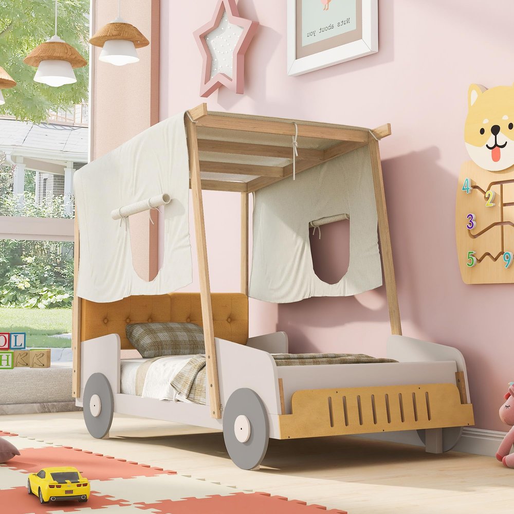 P PURLOVE Twin Car Bed, Car-Shaped Plattform Bed with Pillow, Ceiling Cloth and LED, Wood Plattform Bed Frame for Boy, Girl, Teenager, No Box Spring Needed (Natural)