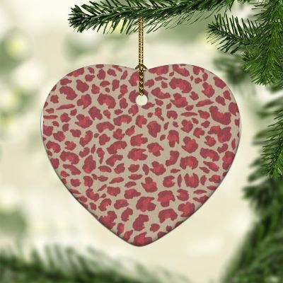 Heart Ceramic Christmas Ornament Leopard Animal Print Red Brown and Light Brown Ornaments Porcelain Bauble for Christmas Tree Unique Xmas Keepsake Holiday Wedding Memorial New Year Gifts