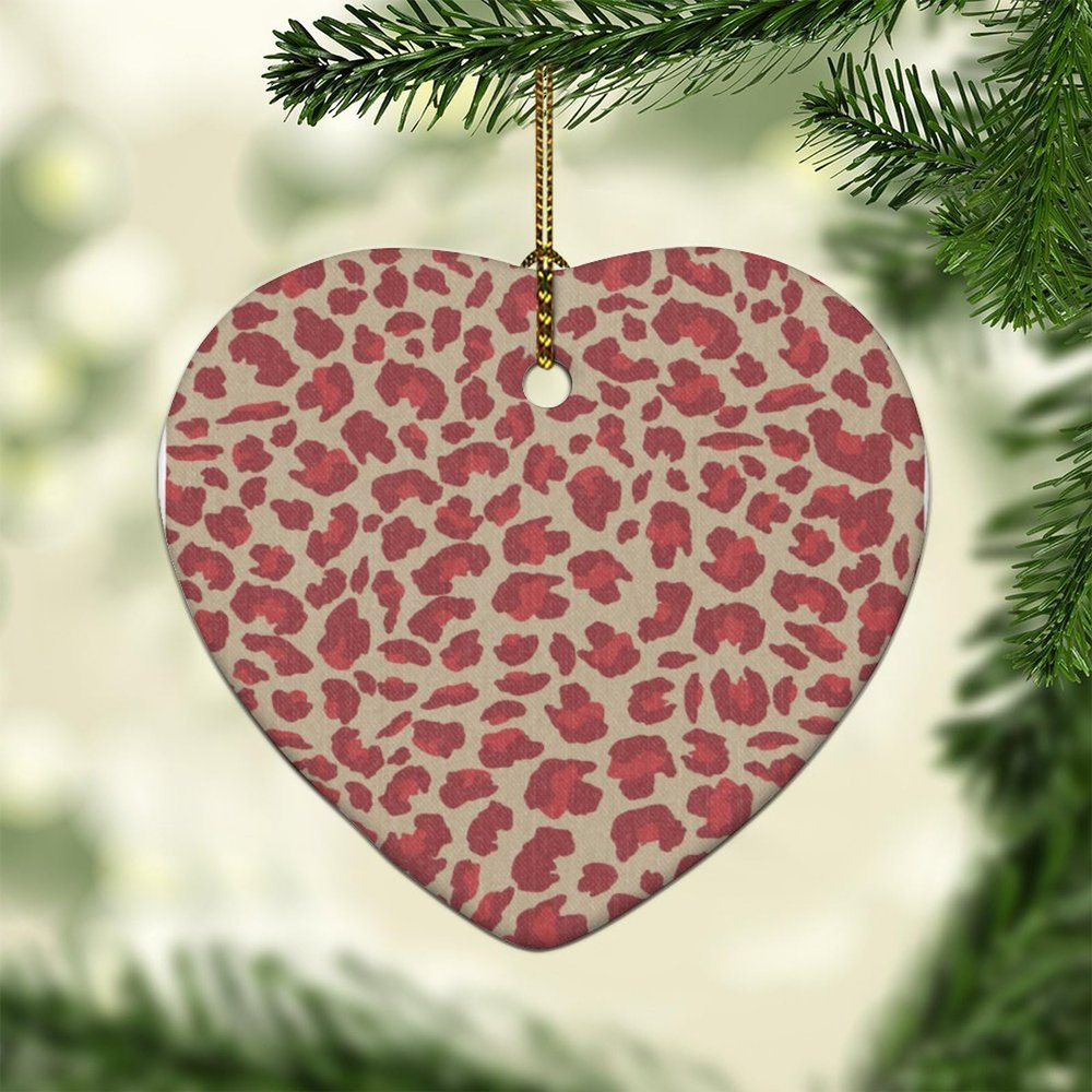 Heart Ceramic Christmas Ornament Leopard Animal Print Red Brown and Light Brown Ornaments Porcelain Bauble for Christmas Tree Unique Xmas Keepsake Holiday Wedding Memorial New Year Gifts