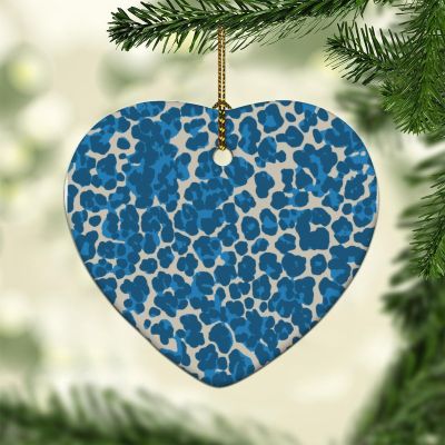 Merry Christmas Ornaments,Cheetah Leopard Print Animal Blue and Light Brown Flat Heart Shape Ceramic Ornament for Xmas Tree Hanging Decorations Xmas Keepsake Souvenir Gifts for New Year Holiday