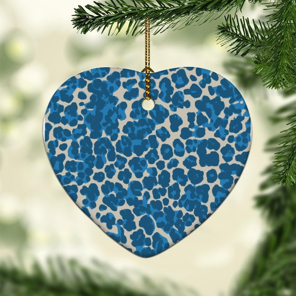 Merry Christmas Ornaments,Cheetah Leopard Print Animal Blue and Light Brown Flat Heart Shape Ceramic Ornament for Xmas Tree Hanging Decorations Xmas Keepsake Souvenir Gifts for New Year Holiday