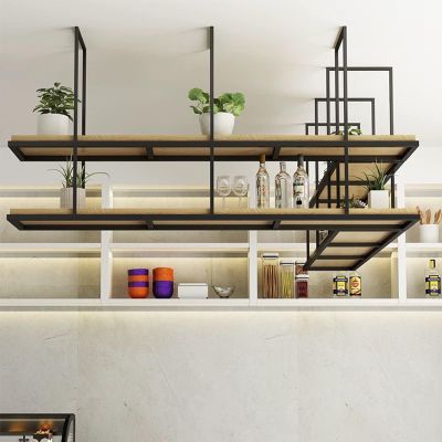 Lonmrrton Ceiling Hanging Plant Stand Vintage Wine Rack - Ceiling Mounted Storage Rack with 2-Layer Wooden Partition, Floating Wall Shelves for Bar/Restaurant - Black (Size : 130x30x80cm)