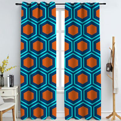 MIORON Abstract Geometric Orange Blue Hexagon Blackout Curtains, Modern Sense of Technology Eyelet Window Curtains, 2 Panels Noise Reducing Drapes for Bedroom Living Room Gaming Room (55" W x 63" L)
