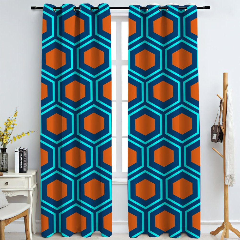 MIORON Abstract Geometric Orange Blue Hexagon Blackout Curtains, Modern Sense of Technology Eyelet Window Curtains, 2 Panels Noise Reducing Drapes for Bedroom Living Room Gaming Room (55" W x 63" L)