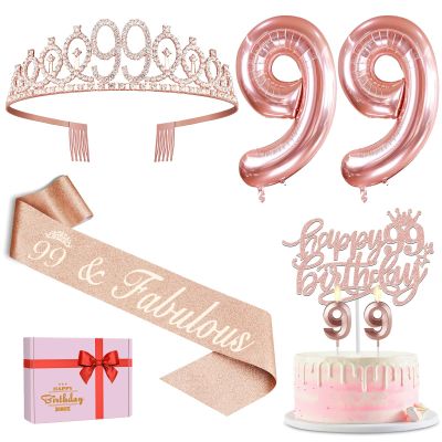 99th Birthday Decorations for Women with 99th Birthday Sash and Tiara, Cake Topper and Candles, Number Balloons, 99 Year Old Gifts for Women