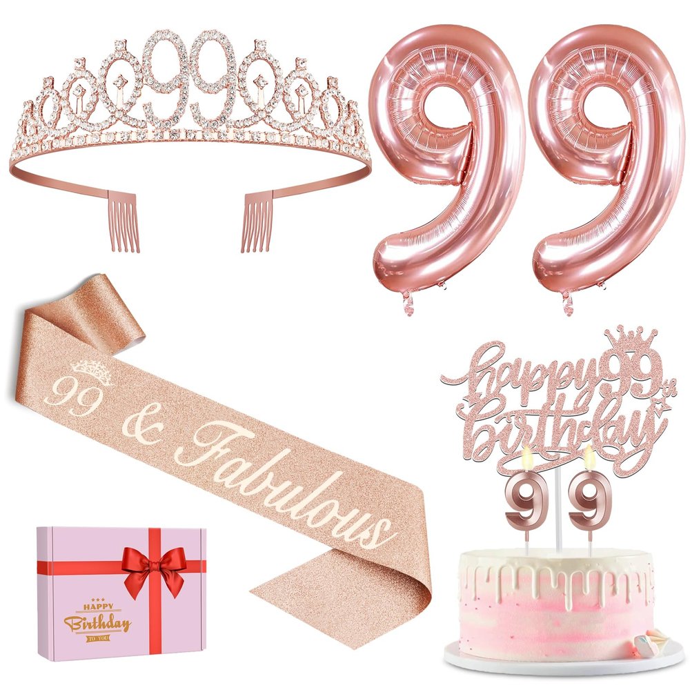 99th Birthday Decorations for Women with 99th Birthday Sash and Tiara, Cake Topper and Candles, Number Balloons, 99 Year Old Gifts for Women