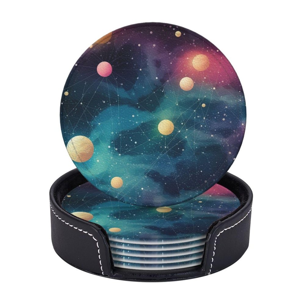 6 Pcs Magic Space Drink Coasters with Holder Leather Coaster Coffee Cup Pad Drinking Cup Mat Set Coffee Table Drinks Coasters for Modern Home Decor,4 Inches