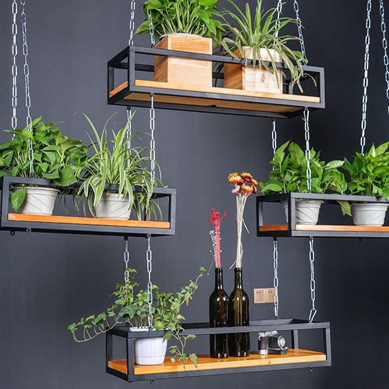 Floating Shelves Hanging Plant Wine Bottle Shelf for Wall, Ceiling Shelving Metal Flower Stand with Metal Chains Suspended Wine Glass Rack Wall Mounted Display Storage Holder ( Size : 140x25x15cm )