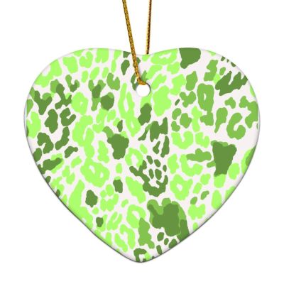 Green and Light Gray Leopard Ornament for Xmas Tree Decoration Heart Shape Ceramic Christmas Ornament Double Sided Holiday Collectible Xmas Souvenir Stocking Stuffer Gift for Friend Family