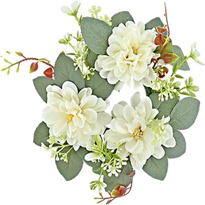 Mini Artificial Flower Wreaths Candle Ring Wreath Christmas Candle Wreaths Mini Flower Candleholder Wreaths for Xmas Living Room Wedding Table Decorations - White