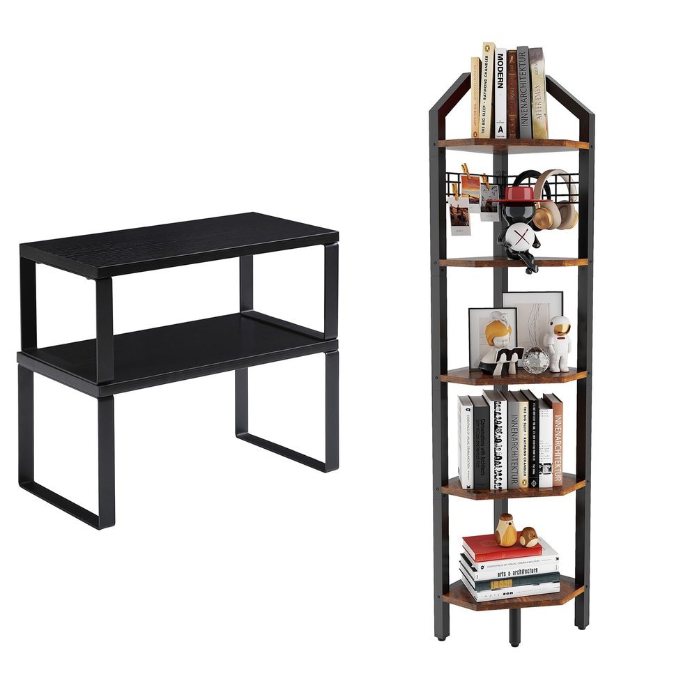 YMYNY Cabinet Shelf Organizer, Freestanding Corner Bookshelf, HSR002B+HBR006H
