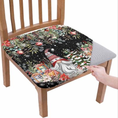 Black Christmas Gnomes Chair Seat Covers for Dining Room Stretch Chair Seat Covers Set of 4, Chair Seat Protector Cushion Slipcovers for Kitchen Restaurant Office Snowflake Snowy Tree Flower