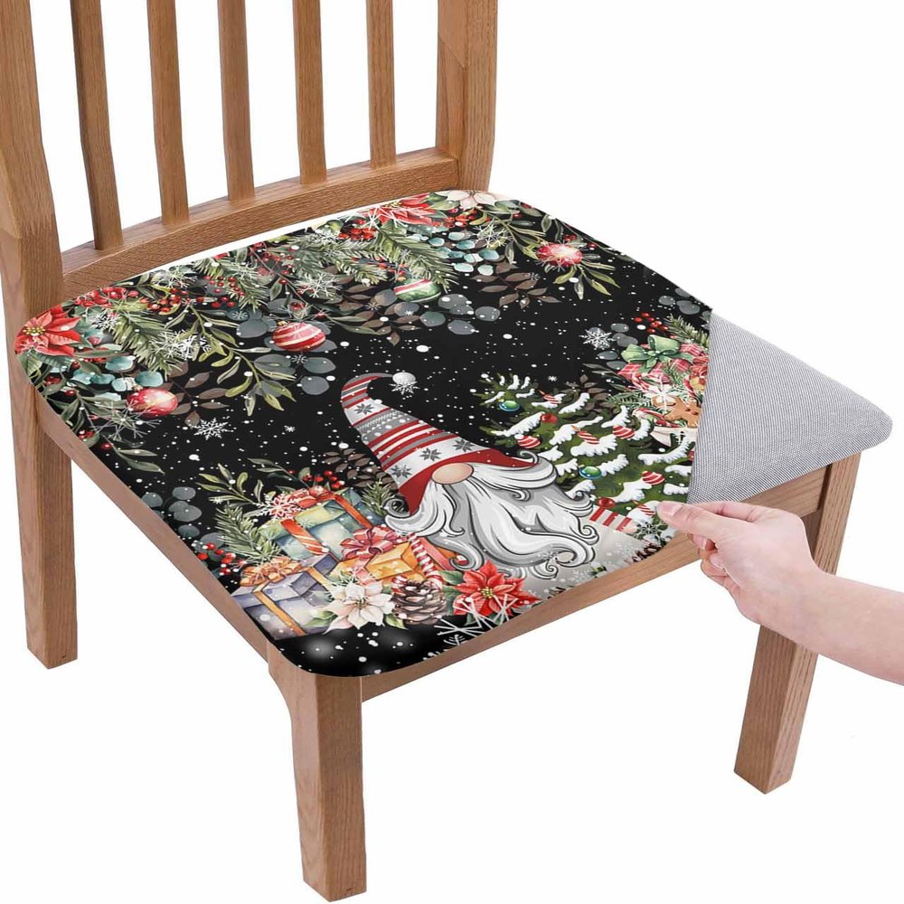 Black Christmas Gnomes Chair Seat Covers for Dining Room Stretch Chair Seat Covers Set of 4, Chair Seat Protector Cushion Slipcovers for Kitchen Restaurant Office Snowflake Snowy Tree Flower