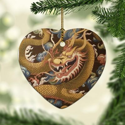 Chinese Oriental Style Dragon Gold Heart Shape Ceramic Christmas Ornaments Merry Christmas Decorations for Home Holiday Keepsake Xmas Memorial for New Year Wedding Birthday Party Decor