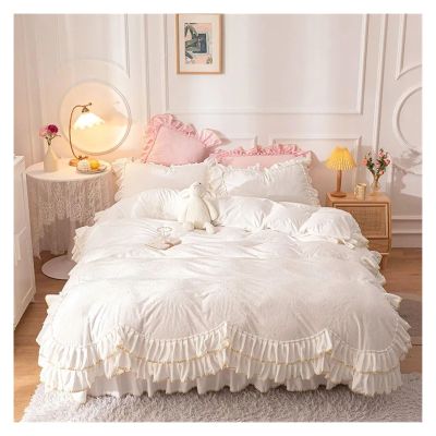 QuKan Bed, 4PCS White Princess Bed Skirt Style Ruffle Fleece Fabric Winter Thick Warm Velvet Duvet Cover Bed