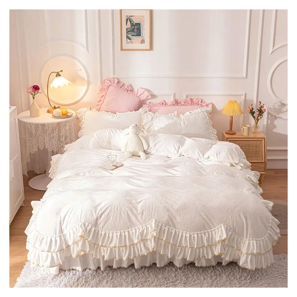 QuKan Bed, 4PCS White Princess Bed Skirt Style Ruffle Fleece Fabric Winter Thick Warm Velvet Duvet Cover Bed
