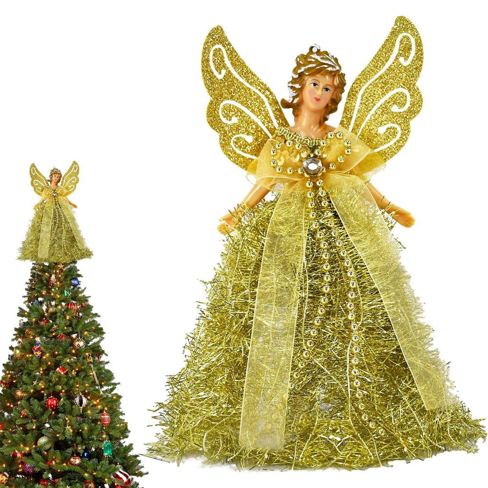 Shakven Angel Treetop Figurine | Treetop Flying Angel Winged Diva Fairy Figurine Ornaments,Angel Figurines Treetop Unlit with Glitter Gold Wings in Pink Dress