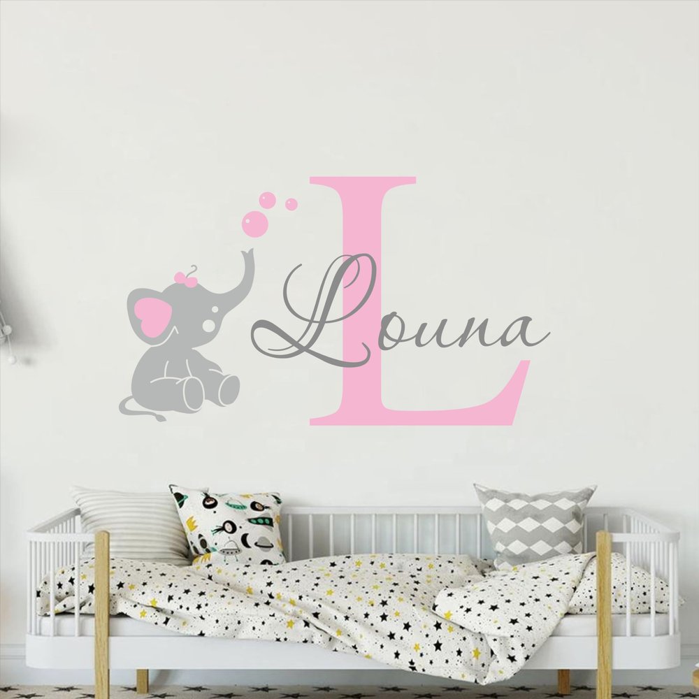 Custom Name with Elephant Wall Sticker Art Home Decal Personalized Name Vinyl Decor for Kids Boy Girl Baby Bedroom Nursery Decoration Design House Decoration YMX81 (Design 6)