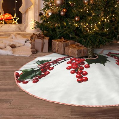 Holly Berry Branches Christmas Tree Skirt 36" Xmas Tree Skirts Mat Farmhouse Design Christmas Tree Cover Mat for Xmas Party Holiday Decorations Indoor Outdoor