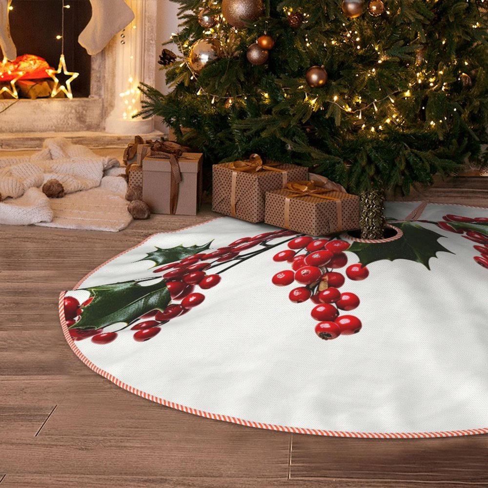 Holly Berry Branches Christmas Tree Skirt 36" Xmas Tree Skirts Mat Farmhouse Design Christmas Tree Cover Mat for Xmas Party Holiday Decorations Indoor Outdoor