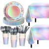 Iridescent Party Supplies Decorations,132 Pcs Disposable Iridescent Paper Party Plates Cups Knives Spoons Fork for Birthday Wedding Outdoor Picnic,Disposable Plastic Tablecloths for Dinner,Holiday view 1