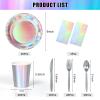 Iridescent Party Supplies Decorations,132 Pcs Disposable Iridescent Paper Party Plates Cups Knives Spoons Fork for Birthday Wedding Outdoor Picnic,Disposable Plastic Tablecloths for Dinner,Holiday view 2