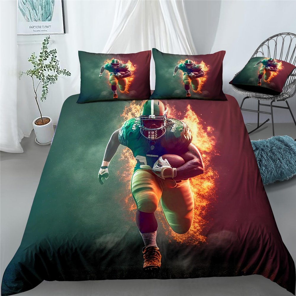REALIN Running Rugby Player Duvet Cover Set Retro Footballer Bedding Girl Boy Kids Bed Sets 2/3/4PCS Quilt Covers/Sheets/Pillow Shams,Twin/Full/Queen/King (B,Full-200x229cm-4PCS)