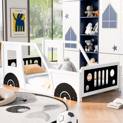 JIVOIT Classic Car-Shaped Platform Bed with Wheels, Twin Size Car Bed with Wood Slat Support, Wood Low Floor Bed Platform Bed Frame,No Box Spring Needed (White+Black, Twin 014)
