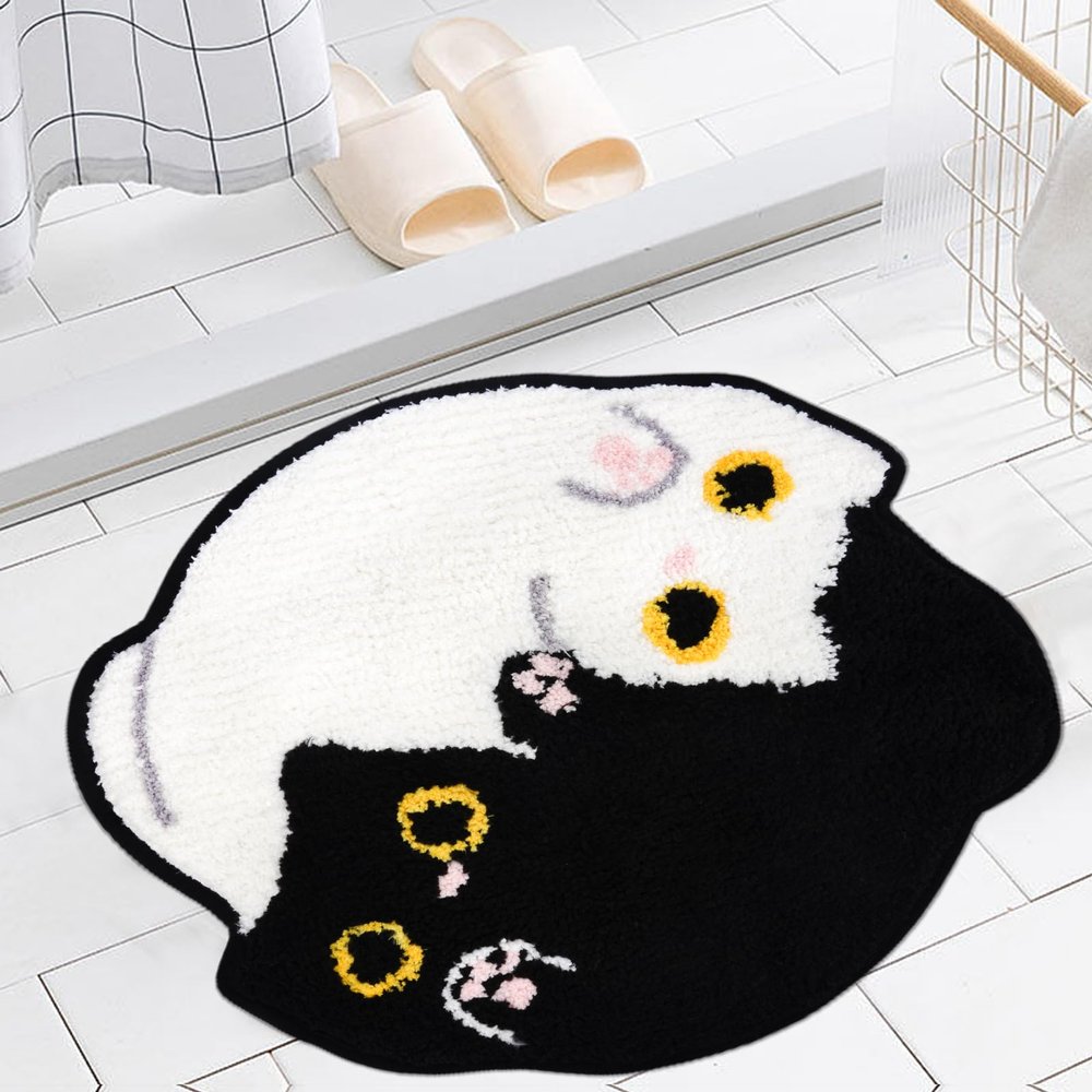 NIGOWAYS Cat Bath Rug - Cute Bath Mat,Soft and Fluffy Round Bath Rugs,Non-Slip Absorbent Bath Mats,Cat Bathroom Mats for Bathroom,Kid Room,Bedroom (Black and Whites Cats Mat, 20''x22'')