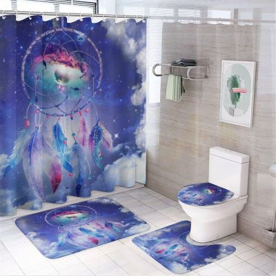 FBMLBRB Aesthetic Art Blue Sky Theme 4 Pcs Waterproof Shower Curtain Set,Modern Fantasy Indian Dreamcatcher Nebula Moon Feather with Waterproof Toilet Cover Shower Mat Rugs