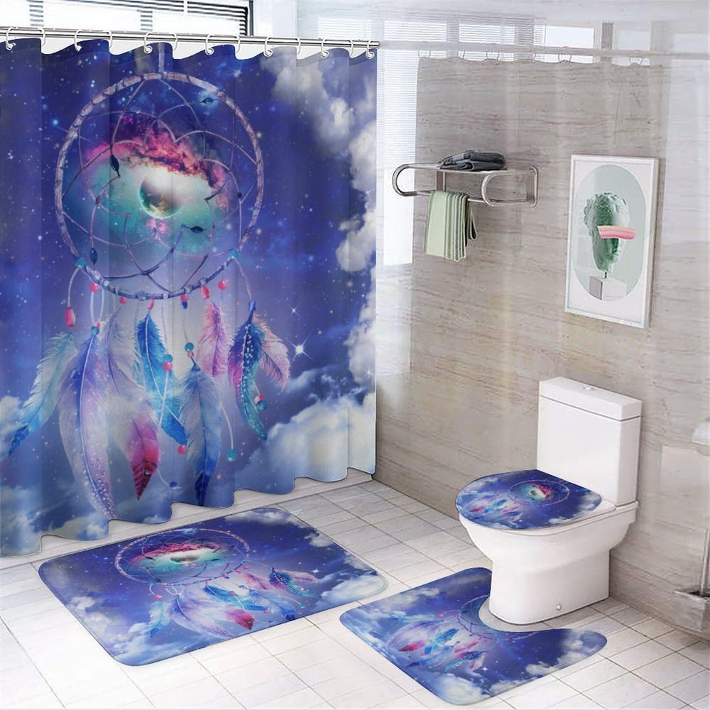 FBMLBRB Aesthetic Art Blue Sky Theme 4 Pcs Waterproof Shower Curtain Set,Modern Fantasy Indian Dreamcatcher Nebula Moon Feather with Waterproof Toilet Cover Shower Mat Rugs