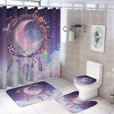 FBMLBRB Rustic Indian Dreamcatcher 4 Pcs Waterproof Shower Curtain Set,Abstract Spring Flower Feather Hummingbird Moon with Waterproof Toilet Cover Shower Mat Rugs