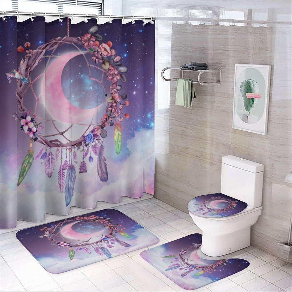 FBMLBRB Rustic Indian Dreamcatcher 4 Pcs Waterproof Shower Curtain Set,Abstract Spring Flower Feather Hummingbird Moon with Waterproof Toilet Cover Shower Mat Rugs