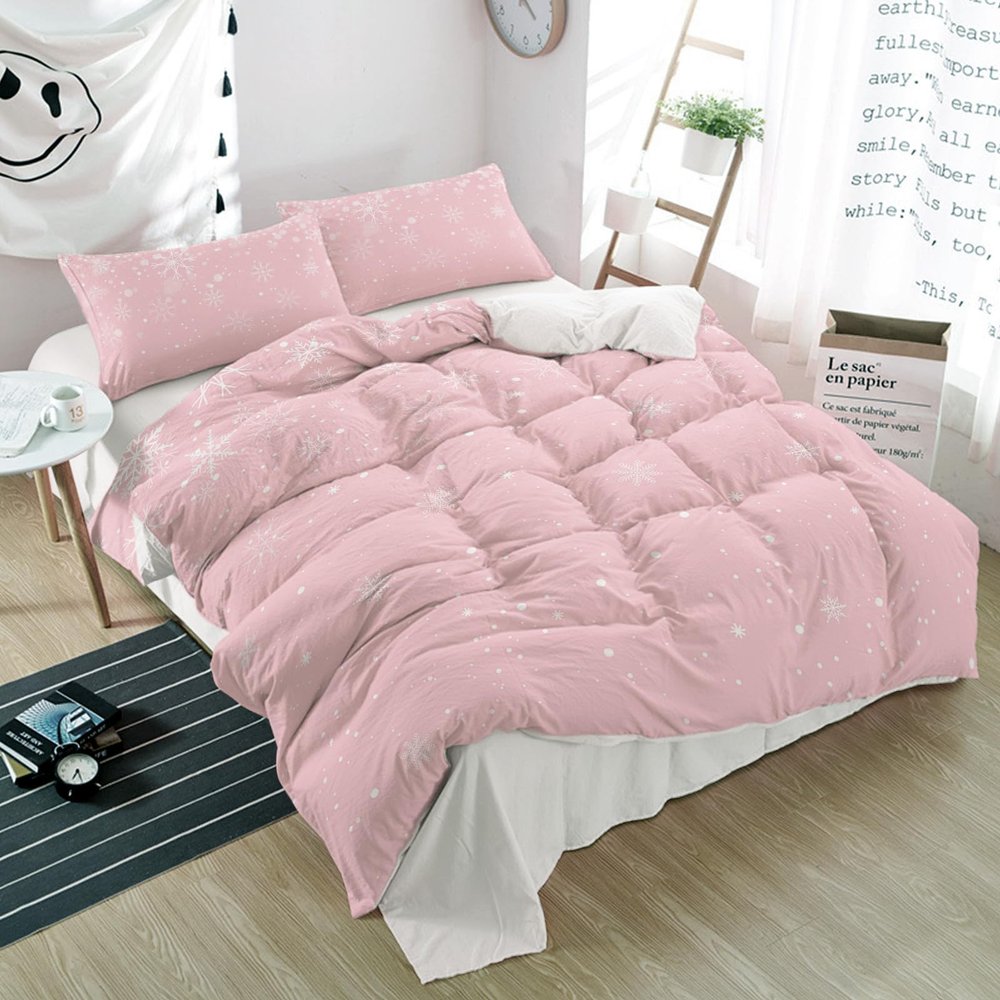 Alandar Home Twin Duvet Cover Sets Christmas White Snowflake Pink,3 Piece Bed Set Ultra Soft Quilt Covers and Pillowcases,Winter Xmas Snow Microfiber Bedding Set for Bedroom Guest Room Dorm