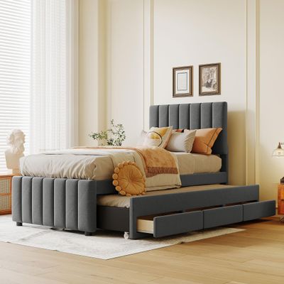 CITYLIGHT Twin Size Upholstered Platform Bed with Headboard, Wood Bed Frame with Pull-Out Trundle and 3 Drawers Underneath, Linen Twin Trundle Bed with Storage for Kids Girls Boys,Gray