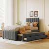 CITYLIGHT Twin Size Upholstered Platform Bed with Headboard, Wood Bed Frame with Pull-Out Trundle and 3 Drawers Underneath, Linen Twin Trundle Bed with Storage for Kids Girls Boys,Gray view 1